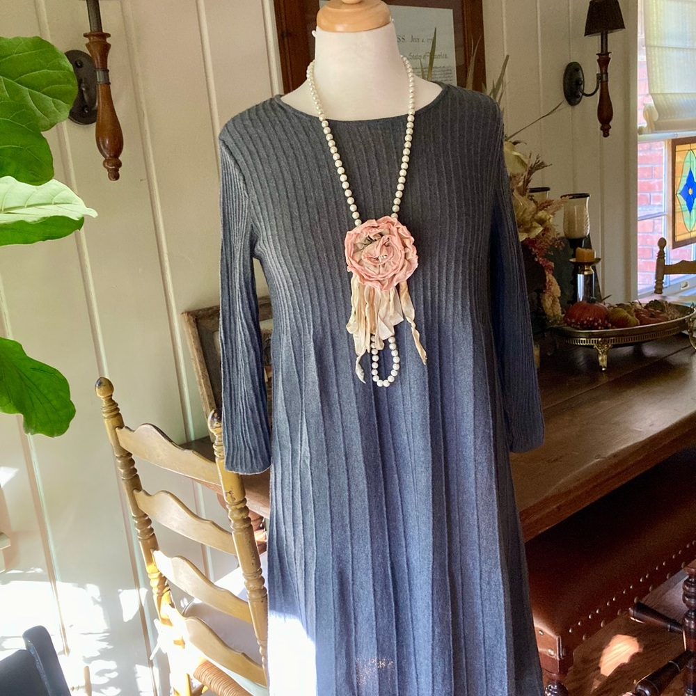 Eileen Fisher Gray Ribbed Washable Wool Knit Dress